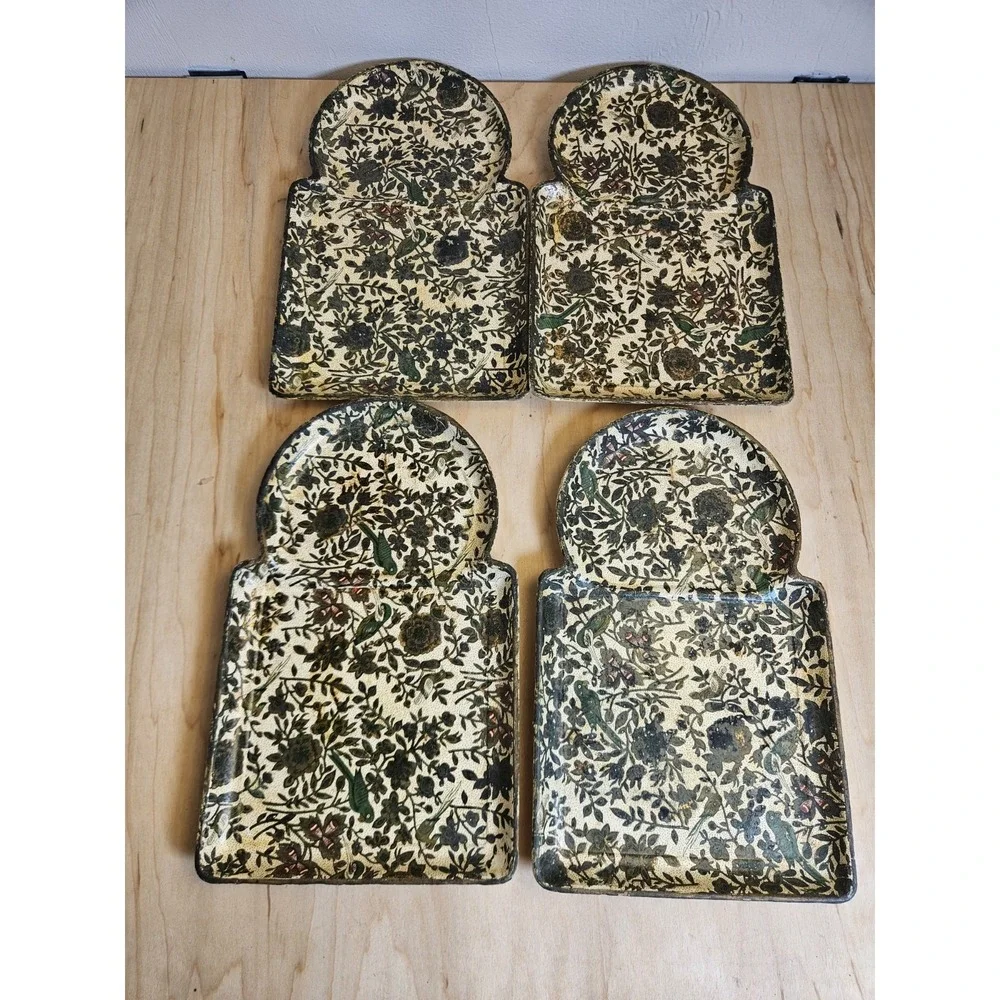Vintage Mid Century Japanese Paper Mache Snack Trays Set 4 Floral Birds Knobler